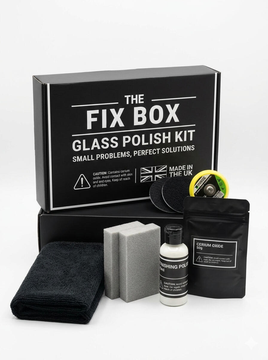The image showcases the contents of The Fix Box Professional Cerium Oxide Glass Polish Kit alongside a household drill to represent its use case. The Glass table shows slight scuffs and scratches
