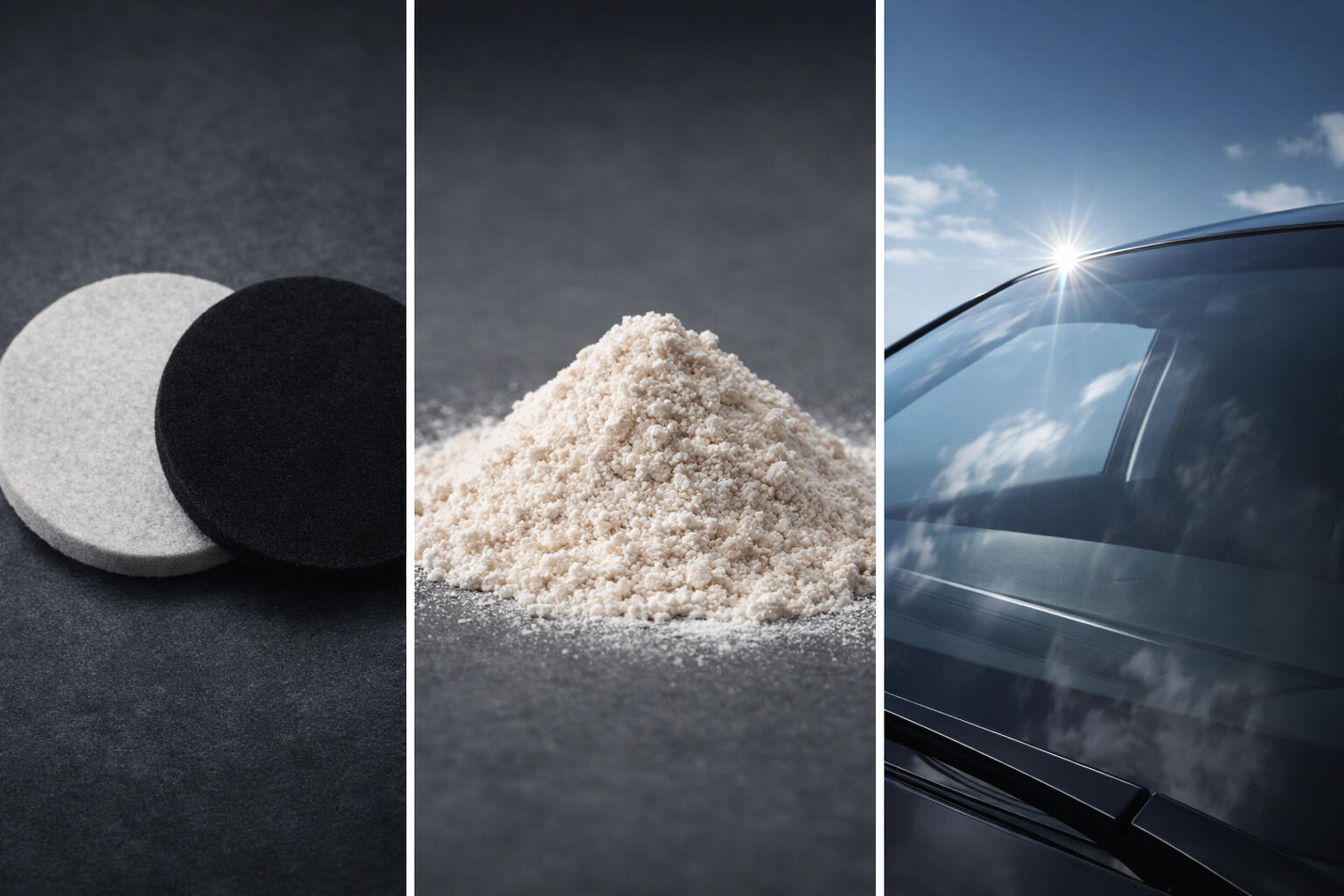 A three-part image showing professional felt polishing pads, a mound of high-grade Cerium Oxide powder, and a crystal-clear car windscreen after repair.